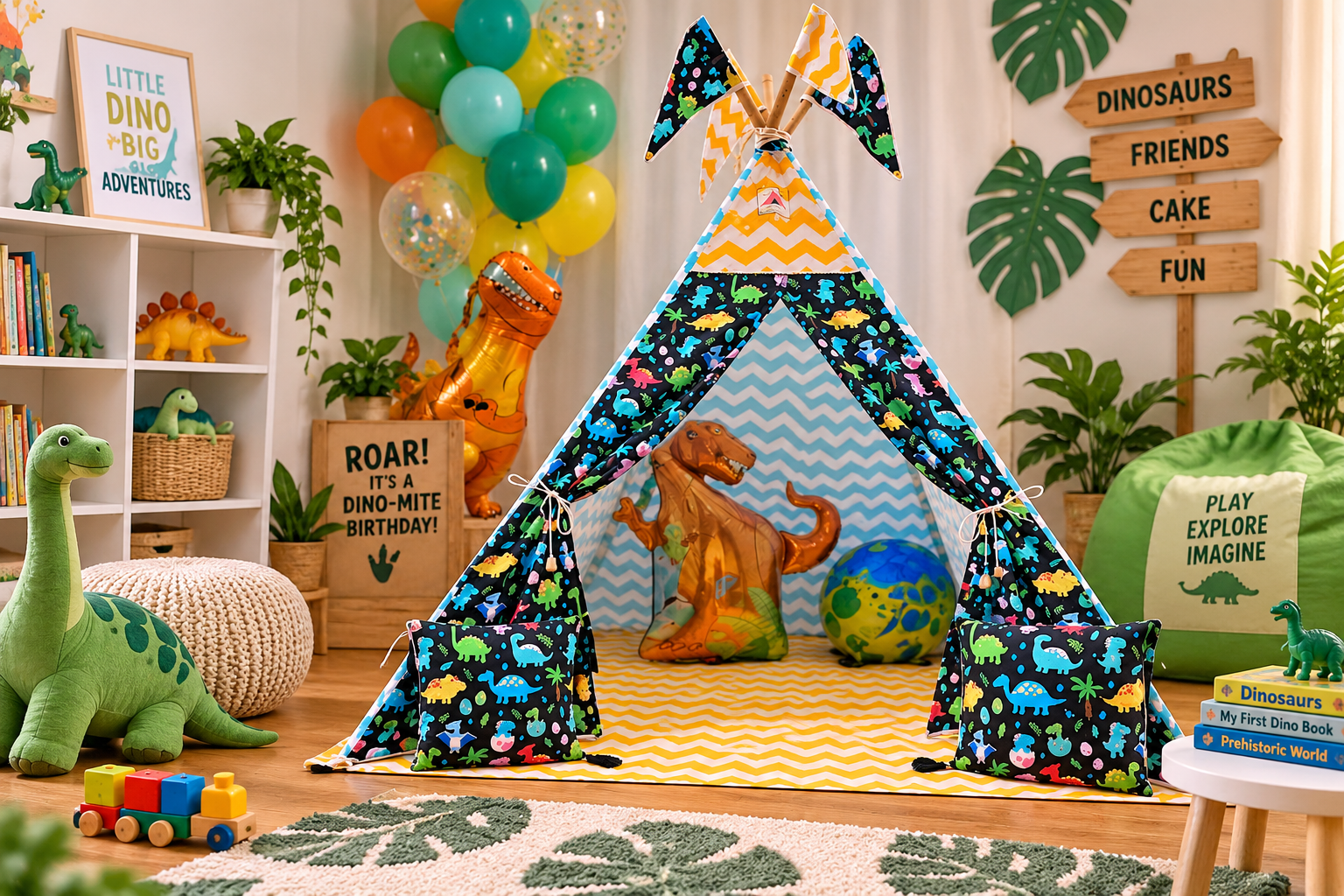 a dinosaur theme tent house set up in a kids room for birthday party