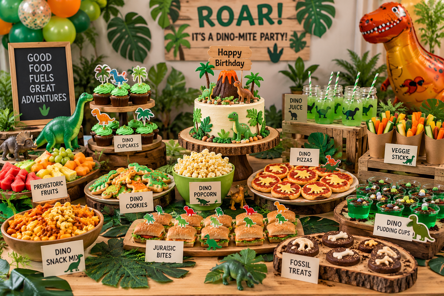 Dinosaur birthday party food table with themed cake, cupcakes, cookies, fruit, snacks and dinosaur decorations